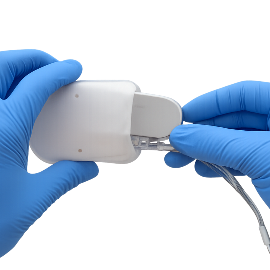 Amynas nanofiber envelope wrapped around an implantable pulse generator, held during surgical preparation